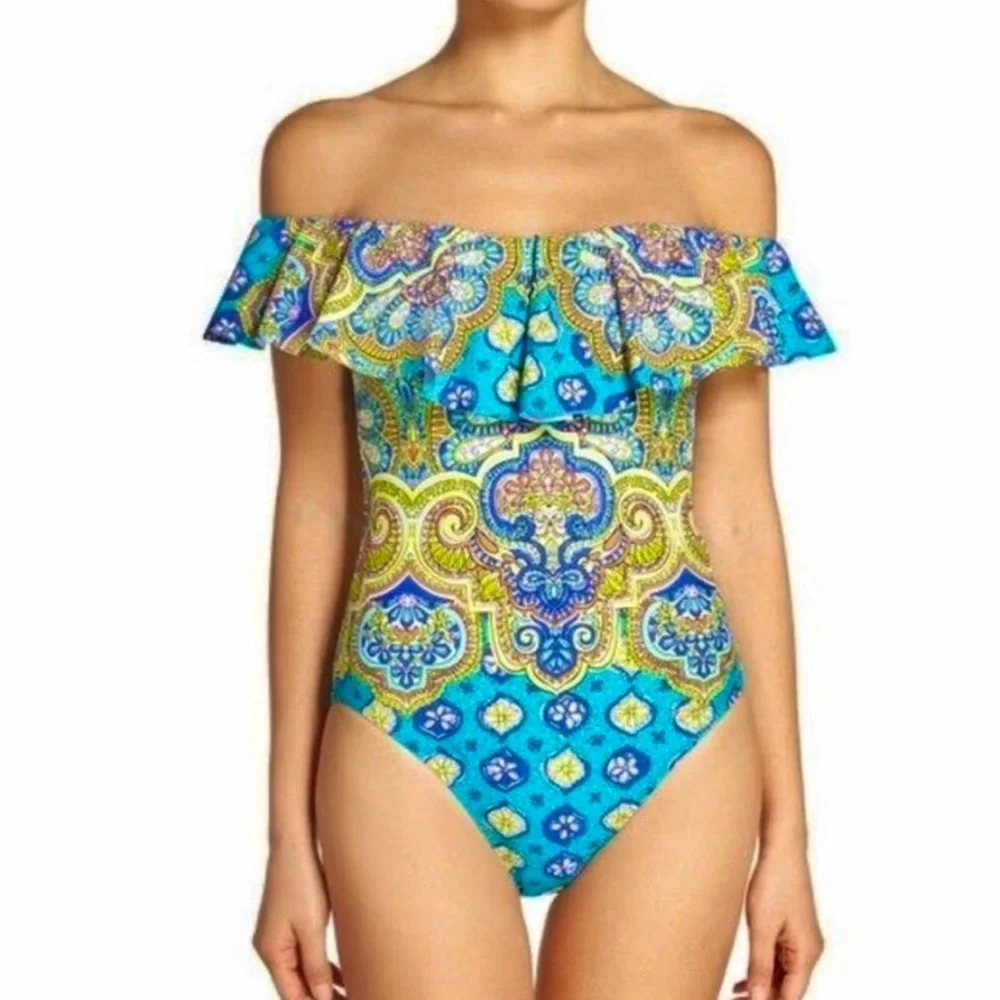 Like New Trina Turk Off Shoulder Ruffle Bandeau One Piece Swimsuit Resortwear